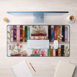 Book Lover Desk Mat Floral Bookshelf Mouse Pad