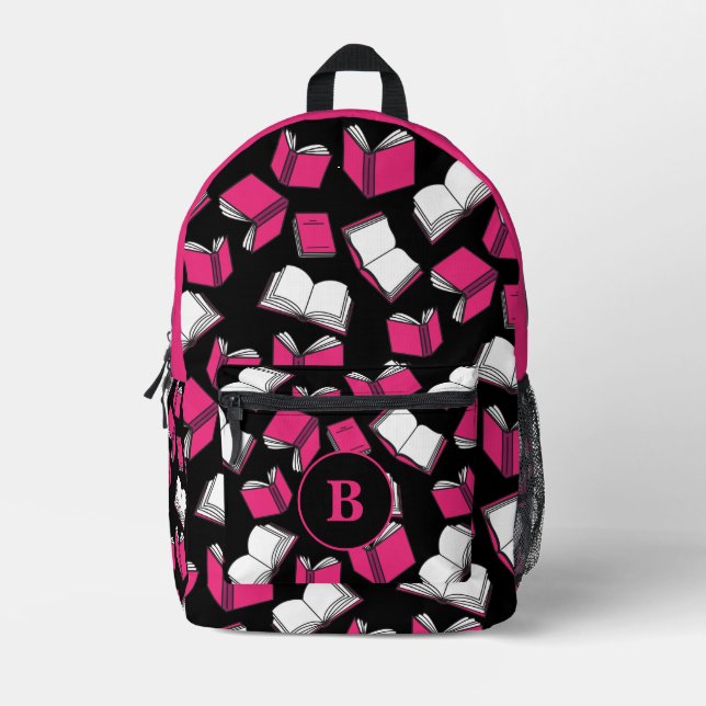 Book Lover Librarian Pink Black Monogram Printed Backpack (Front)