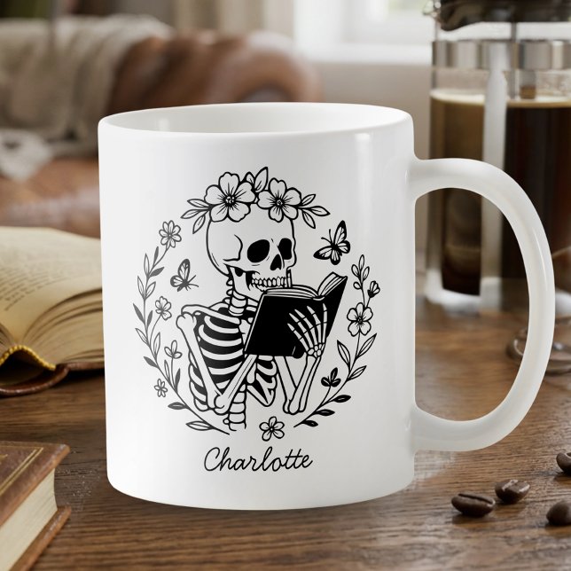 Book Lover Reading Skeleton Black and White  Coffee Mug (Creator Uploaded)