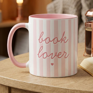 Book Lover Script Quote Pink Striped Heart Coffee  Mug
