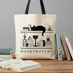 Book Lover's Booktrovert Black Cat Tote Bag