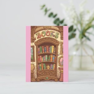 Book Lovers Cute Cartoon Bookshelf Cheerful Colour Postcard