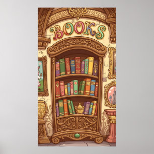 Book Lovers Cute Cartoon Bookshelf Cheerful Colour Poster