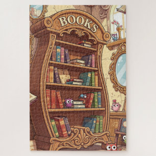 Book Lovers Cute Cartoon Bookshelf with Critters Jigsaw Puzzle