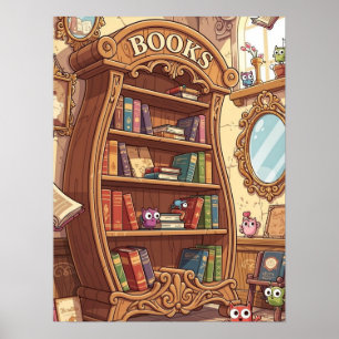 Book Lovers Cute Cartoon Bookshelf with Critters Poster