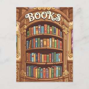 Book Lovers Cute Colourful Cartoon Bookshelf  Postcard