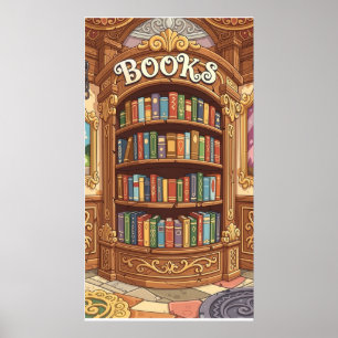Book Lovers Cute Colourful Cartoon Bookshelf Poster