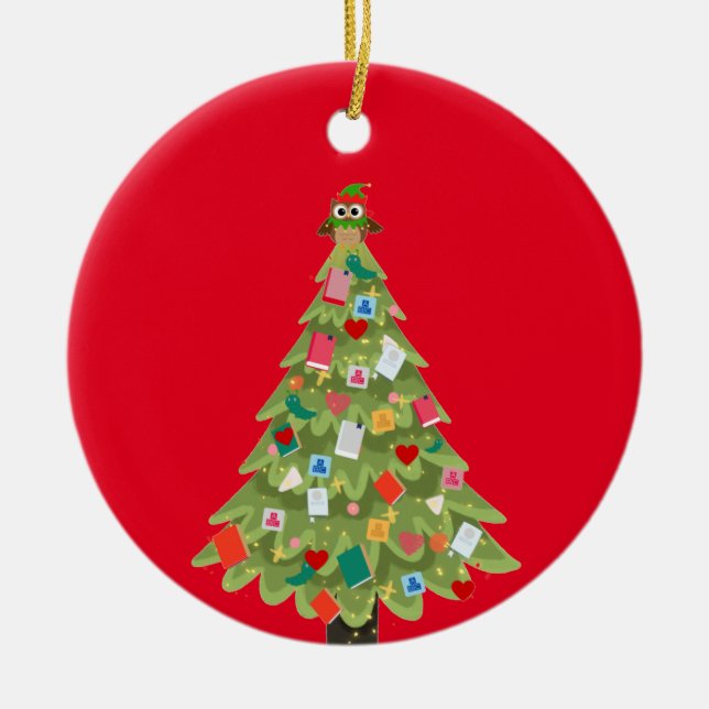 Book lovers happy dream Christmas tree fun  Ceramic Tree Decoration (Front)
