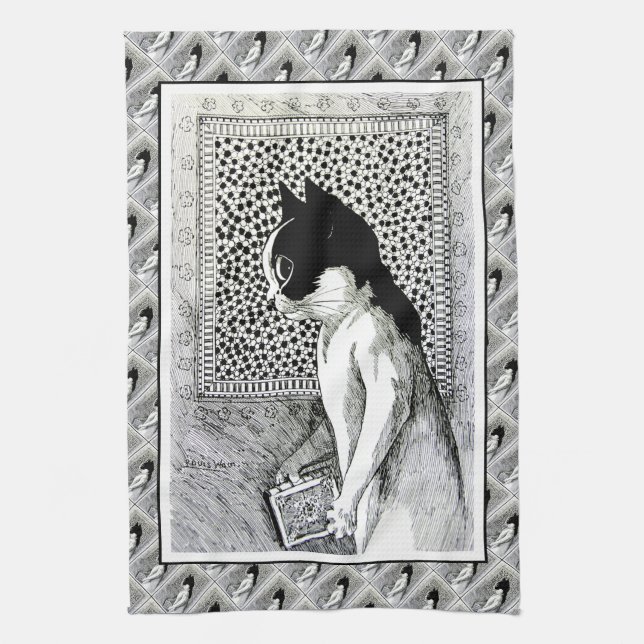 Book Loving Cat Art Tea Towel (Vertical)