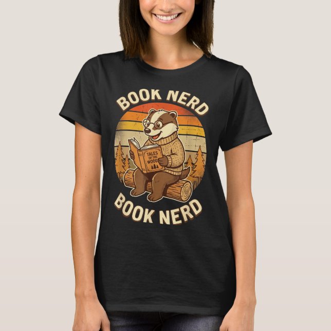 Book nerd funny reading badger retro sunset design T-Shirt (Front)