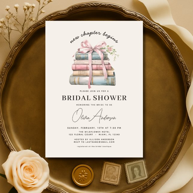 Book New Chapter Begins Pink Bow Bridal Shower Invitation (Creator Uploaded)