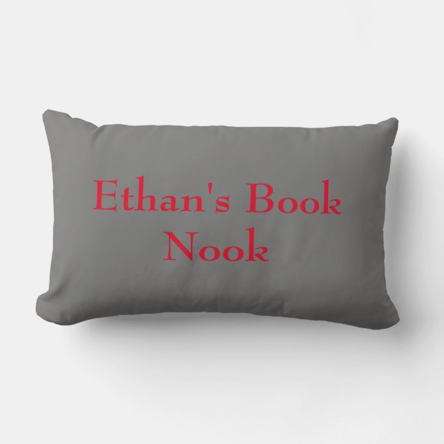 Book nook cushion, grey & red, customisable lumbar cushion (Front)