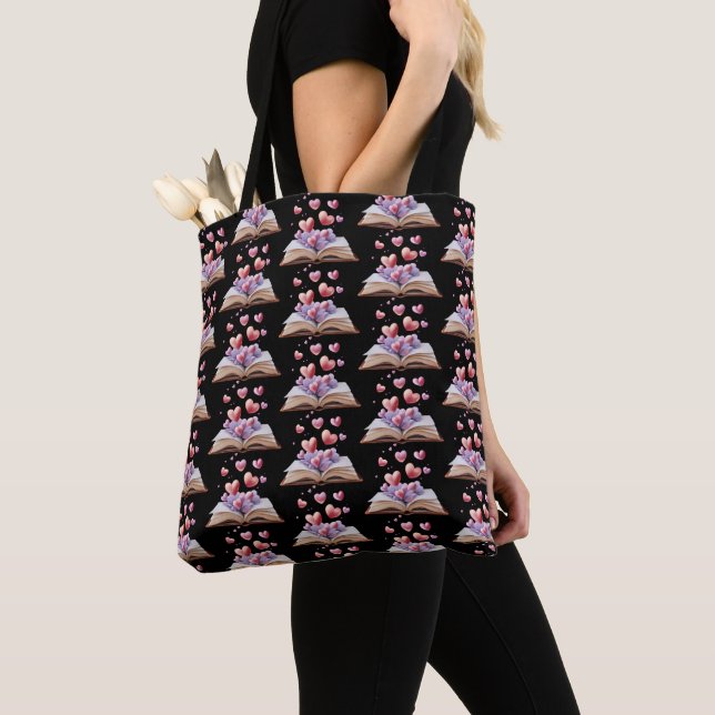 Book Of Hearts Black Tote Bag (Close Up)