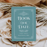 Book Our Date Muted Aqua Vintage Cover Wedding Save The Date<br><div class="desc">These unique wedding save the date cards for book lovers feature a vintage book cover design with a scrolls that frame the wedding date, an ornate "Book Our Date" title, the Bride & Groom names as the authors, a muted aqua blue background / book colour (that can be modified), complete...</div>