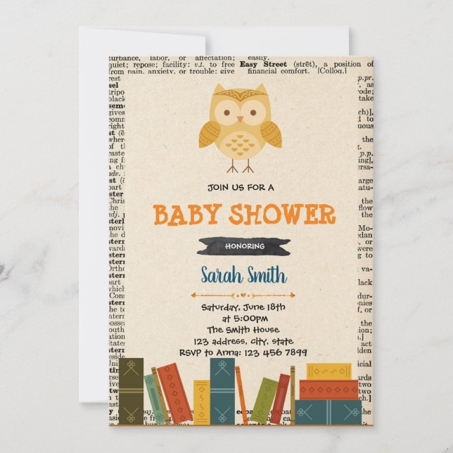 Book owl baby shower invitation card (Front)