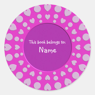 Book Plate - Colourful cute pink heart design Classic Round Sticker