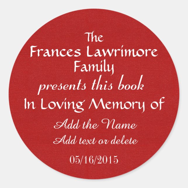 Book Plate In Memory Sticker (Front)