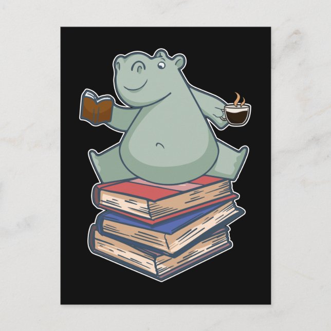 Book Reading Tea Coffee Kawaii Bookworm Hippo Postcard (Front)