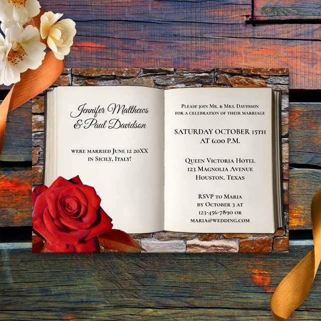 Book Red Rose After Wedding Reception Only Invitation (A romantic post wedding party invitation featuring a book and red rose on a brick background)