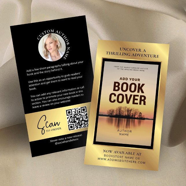 Book Release Author Photo Marketing Black & Gold Business Card (Black & Gold book launch marketing business cards with custom book cover and QR code on the back)