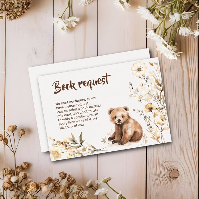 Book request bear forest flowers baby shower card (Book for baby card with cute boho bear baby shower)