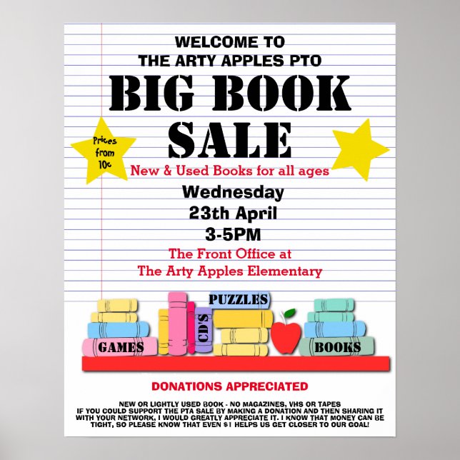 book sale PTA school fundraising poster (Front)