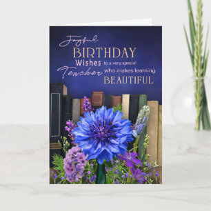 Book shelf Blue Bloom Birthday Card for a Teacher