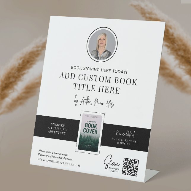 Book Signing Event Meet The Author Photo QR Code Pedestal Sign (Modern black and white Book Promotion table top sign design with your custom photos and text)
