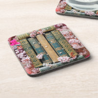 Book Spines & Blossoms Hard plastic coaster