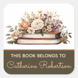 Book Stack This Book belongs to Name Bookplate Square Sticker
