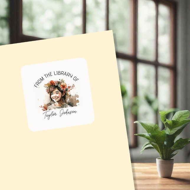 Book stickers, bookplate Custom Dark hair girl Square Sticker (Creator Uploaded)