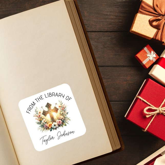 Book stickers, bookplate floral cross church square sticker (Creator Uploaded)