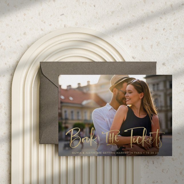 Book the Tickets Faux Gold Wedding Save the Date Announcement Postcard (Creator Uploaded)