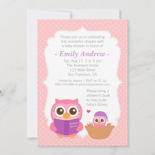 Book Themed, Girl Cute Owl Baby Shower Invitations (Front)