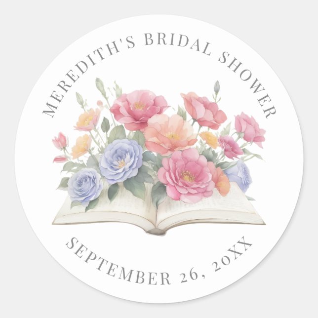 Book Watercolor Floral Bridal Shower Classic Round Sticker (Front)