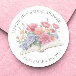 Book Watercolor Floral Bridal Shower Classic Round Sticker