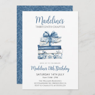 Book with blue bow Girl Birthday Invitation