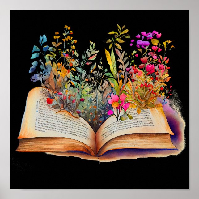 Book with Flowers, Book Lover Gift Poster (Front)