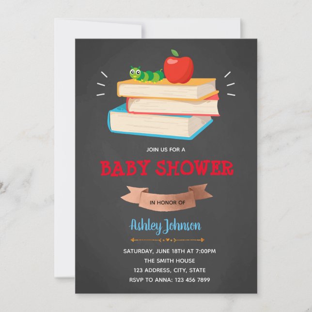 Book worm baby shower invitation (Front)