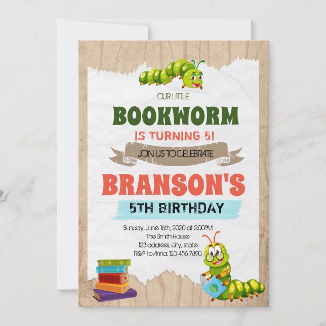 Book worm birthday party invitation (Front)