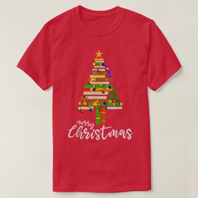Book Xmas Tree Light Reading Books Librarian Famil T-Shirt (Design Front)