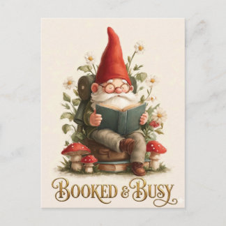 Booked and Busy Reading Gnome Postcard