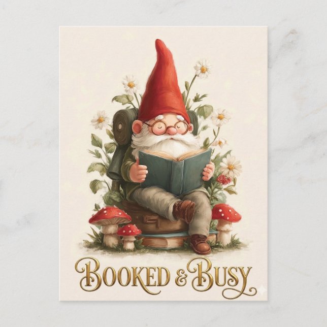 Booked and Busy Reading Gnome Postcard (Front)