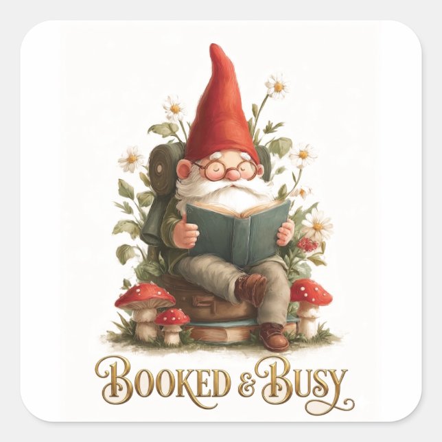 Booked and Busy Reading Gnome Square Sticker (Front)