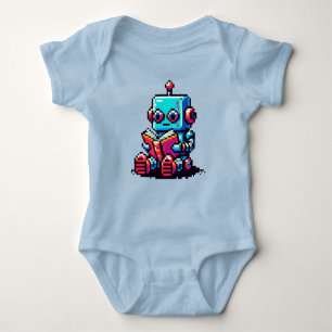 Bookish Bot: Quirky 8-Bit Robot Reading a Book Baby Bodysuit