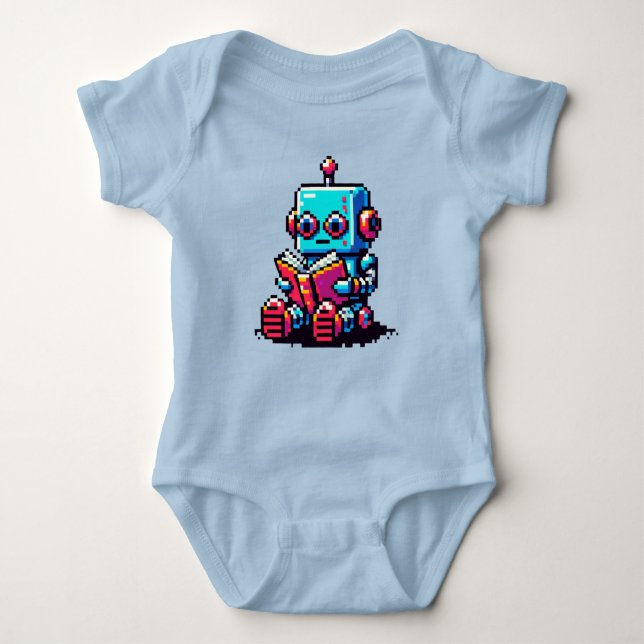 Bookish Bot: Quirky 8-Bit Robot Reading a Book Baby Bodysuit (Front)