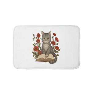 Bookish Cat – Cute Reading Cat With Poppies for Bo Bath Mat