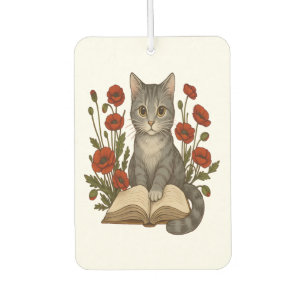 Bookish Cat � Cute Reading Cat With Poppies for Bo Car Air Freshener