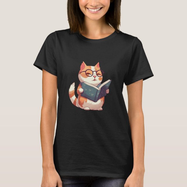 Bookish Cat with Glasses  Cute & Intellectual Desi T-Shirt (Front)