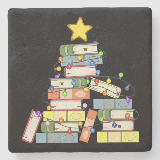 Bookish Christmas Tree I Stone Coaster (Front)